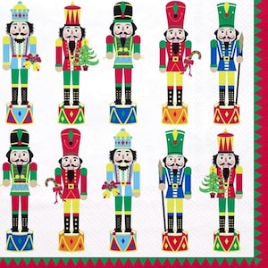 May include: A festive pattern featuring ten colorful nutcracker figures. Each nutcracker is depicted in a different uniform, with details like hats, mustaches, and accessories. The background is white with a red and green border, perfect for holiday decor.