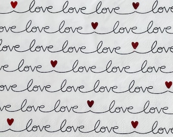 decoupage napkins, Valentine’s Day paper napkins, 3 individual luncheon size heart and love napkins for decoupage scrapbook card making