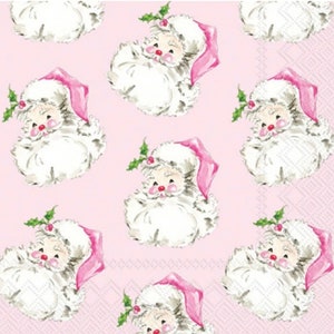 decoupage napkins, Santa clause paper napkins, 3 individual pink Christmas luncheon size napkins for decoupage mixed media paper crafts