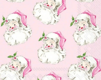 decoupage napkins, Santa clause paper napkins, 3 individual pink Christmas luncheon size napkins for decoupage mixed media paper crafts