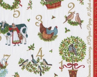 Decoupage napkins, 12 days of Christmas paper napkins, 2 individual luncheon size napkins for decoupage scrapbook card making crafts