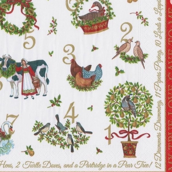 12 days of Christmas decoupage napkins, 2 paper individual lunch size napkins for decoupage mixed media Christmas crafts, oyster crafts