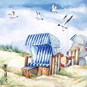 decoupage napkins, beach scene cocktail napkins, 3 individual beach chair paper napkins for decoupage, mixed media, scrapbooking paper craft