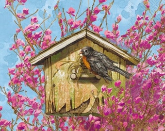 Decoupage napkins, birdhouse paper napkins, 3 individual bird and flower cocktail napkins for decoupage scrapbook cardmaking paper crafts
