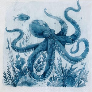decoupage napkins, octopus blue paper napkins, 3 individual nautical sea creature cocktail size napkins for decoupage scrapbook card making