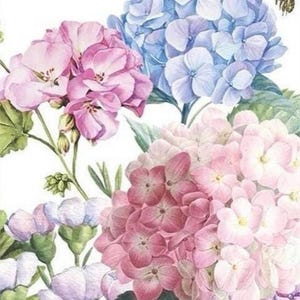 May include: A watercolor painting of a bouquet of pink and blue hydrangeas with green leaves. A small bee is perched on one of the blue hydrangeas.