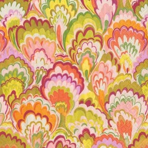 May include: A colorful abstract pattern with overlapping layers of pink, orange, yellow, and green swirls. The pattern resembles a stylized floral design.