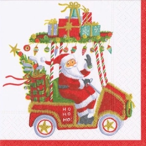 decoupage napkins, Santa Claus in golf cart paper napkins, 3 individual Christmas elf cocktail size napkins for decoupage scrapbook crafts