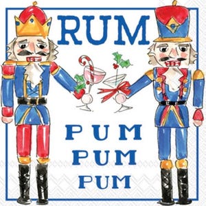May include: Two nutcracker figurines holding cocktails, with the text "RUM PUM PUM" in blue letters on a white background.