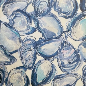 May include: A seamless pattern of blue and white oyster shells on a white background. The shells are drawn in a watercolor style, with soft edges and subtle shading.