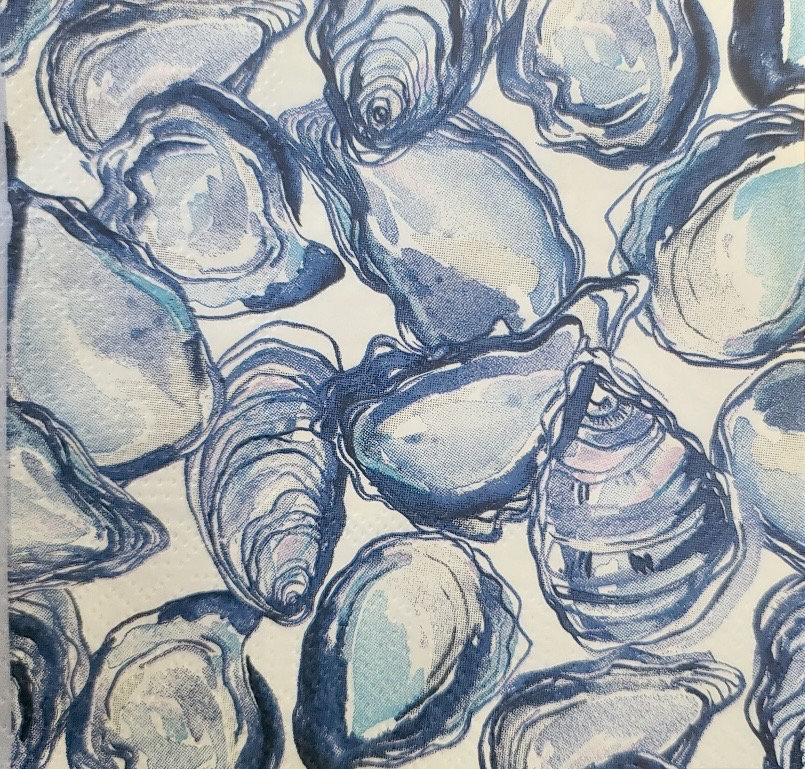 napkins for decoupage, oyster shell paper napkins, 3 individual blue and White Sea shell cocktail napkins for decoupage mixed media crafts
