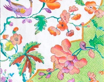 decoupage napkins, bird and flower paper napkins, 3 individual floral cocktail size napkins for decoupage scrapbook card making crafting