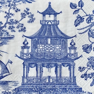decoupage napkins, chinoiserie paper napkins, 3 individual blue and white pagoda cocktail napkins for decoupage cardmaking scrapbook crafts