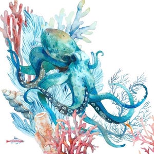 decoupage napkins, octopus paper napkins, 3 (three) individual ocean coral cocktail size paper napkins for decoupage scrapbook paper crafts