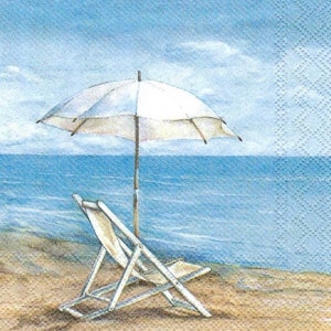 beach chair decoupage napkins, 3 individual beach scene paper cocktail napkins for decoupage mixed media scrapbooking and paper crafts