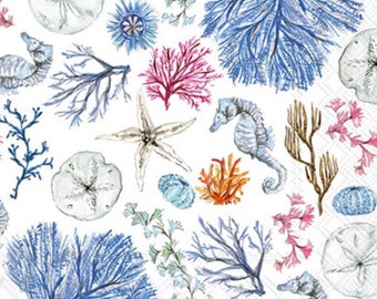 decoupage napkins, nautical beach paper napkins, 3 individual seahorse coral luncheon napkins for decoupage mixed media paper crafts