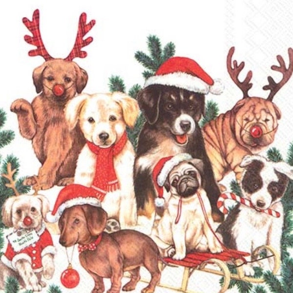 decoupage napkins, Christmas dog paper napkins, 3 individual dog lover luncheon size napkins for decoupage mixed media paper crafts