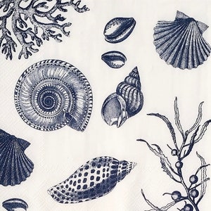 napkins for decoupage, sea shell paper napkins, 3 individual luncheon blue and white beach napkins for decoupage mixed media paper crafts