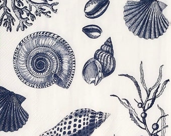 napkins for decoupage, sea shell paper napkins, 3 individual luncheon blue and white beach napkins for decoupage mixed media paper crafts