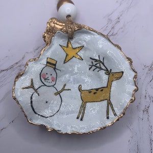 Oyster shell ornament, snowman oyster art, Christmas ornament, reindeer ornaments, decoupage oyster shell