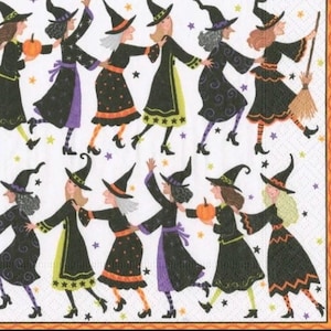 May include: A white background with a repeating pattern of witches dancing. The witches are wearing black dresses with green, orange, and purple accents. They are holding brooms and pumpkins. The background is decorated with stars.