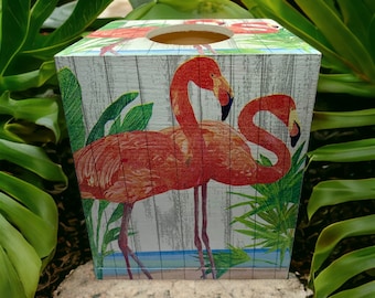 Flamingo wood tissue box, decoupaged tissue box