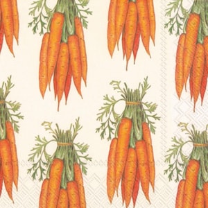 May include: A pattern of bunches of orange carrots with green leafy tops on a white background.
