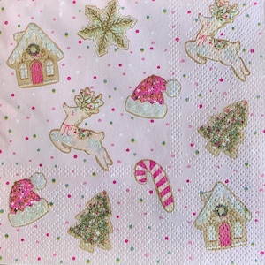 decoupage napkins, reindeer gingerbread house candy cane paper napkins, 3 individual cocktail size pink Christmas napkins for decoupage
