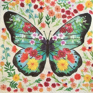 napkins for decoupage, butterfly paper napkins, 3 individual floral butterfly cocktail napkins for decoupage mixed media paper crafting