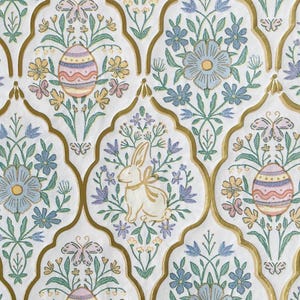 May include: White Easter-themed pattern with gold accents. Features repeating motifs of bunnies, Easter eggs, butterflies, and flowers in pastel colors. The design is framed by gold arched borders, creating a decorative and festive look.