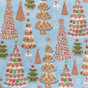 decoupage napkins, candy Christmas tree paper napkins, 3 individual gingerbread tree cocktail size napkins for decoupage scrapbook crafting