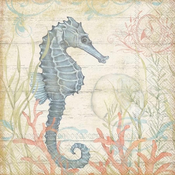 Seahorse paper napkin for decoupage, 3 Cocktail napkins for crafts