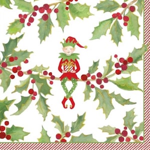 May include: A watercolor illustration of a Christmas elf holding a gift, perched on a holly branch with red berries. The design is set against a white background with holly leaves and a red and white striped border, evoking a festive holiday theme.