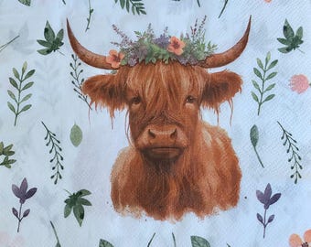 decoupage napkins, highland cow paper napkins, 3 individual luncheon size farm animal napkins fir decoupage mixed media scrapbook crafts