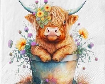 decoupage napkins, highland cow paper napkins, 3 individual farm animal luncheon size napkins for decoupage scrapbook card making crafting