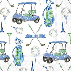 decoupage napkins, golf paper napkins, 3 blue golf cocktail napkins for decoupage mixed media scrapbooking cardmaking and other paper crafts