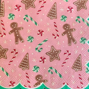 decoupage napkins, gingerbread men paper napkins, 3 individual candycane cocktail size napkins for decoupage scrapbook cardmaking crafts