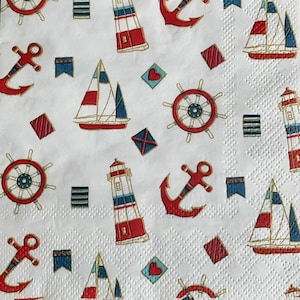 decoupage napkins, sailboat lighthouse paper napkins, 3 individual nautical anchor cocktail size napkins for decoupage scrapbook cardmaking