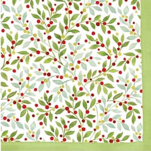 decoupage napkins, holly and berries paper napkins, 3 individual Christmas leaf cocktail size napkins for decoupage scrapbook card making
