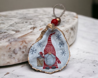 Oyster shell ornament, decoupaged oyster shell, gnome Christmas ornament, gnome oyster