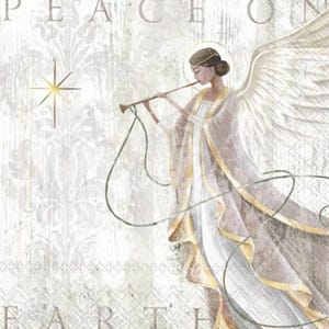 May include: A white angel with gold accents plays a flute. The angel has wings and is surrounded by a white and gold background with the words "Peace on Earth".