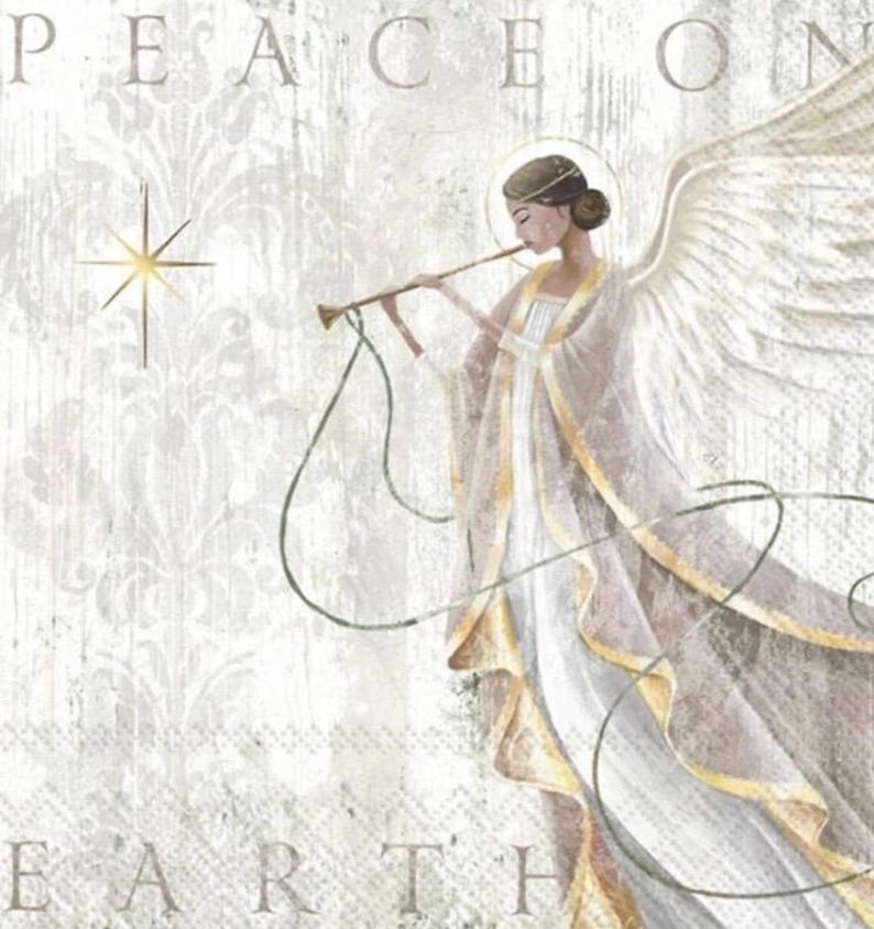 May include: A white angel with gold accents plays a flute. The angel has wings and is surrounded by a white and gold background with the words "Peace on Earth".