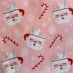 decoupage napkins, Santa clause pink paper napkins, 3 individual candy cane cocktail size napkins for decoupage scrapbook cardmaking crafts