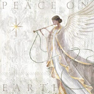 May include: A white angel with gold accents plays a trumpet. The angel has wings and is surrounded by a white and gold background. The text "Peace on Earth" is written in the image.