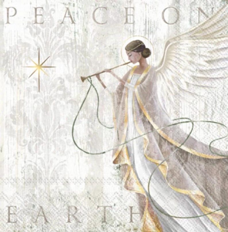 May include: A white angel with gold accents plays a trumpet. The angel has wings and is surrounded by a white and gold background. The text "Peace on Earth" is written in the image.