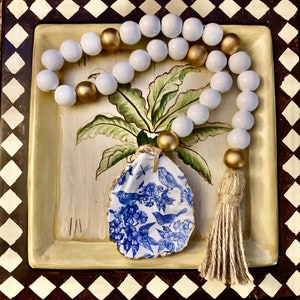 Oyster shell garland, oyster blessing beads, farmhouse garland, decoupaged oyster shell garland, gratitude beads