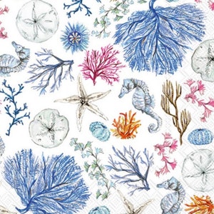 May include: White background with a watercolor pattern of marine life. The design includes blue coral, starfish, seahorses, and sand dollars in shades of blue, pink, and brown.