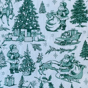 decoupage napkins, Santa Claus paper napkins, 3 individual Christmas tree beverage size napkins for crafts
