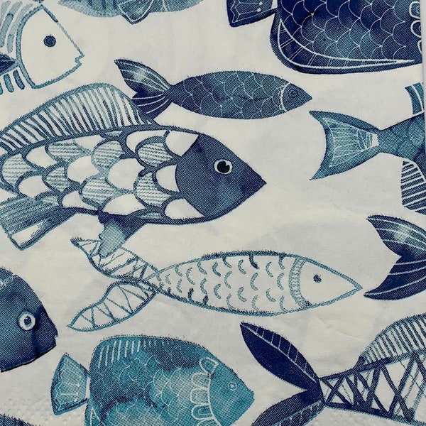 Decoupage napkins, Blue and White Fish guest size paper napkins