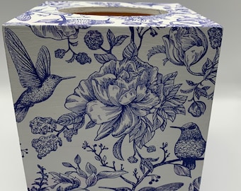 Blue and white decoupaged wooden tissue box cover